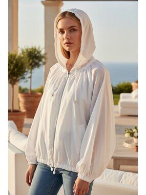 Free People Movement Size L Lightweight Hooded White Jacket Zip Resort Wear NEW